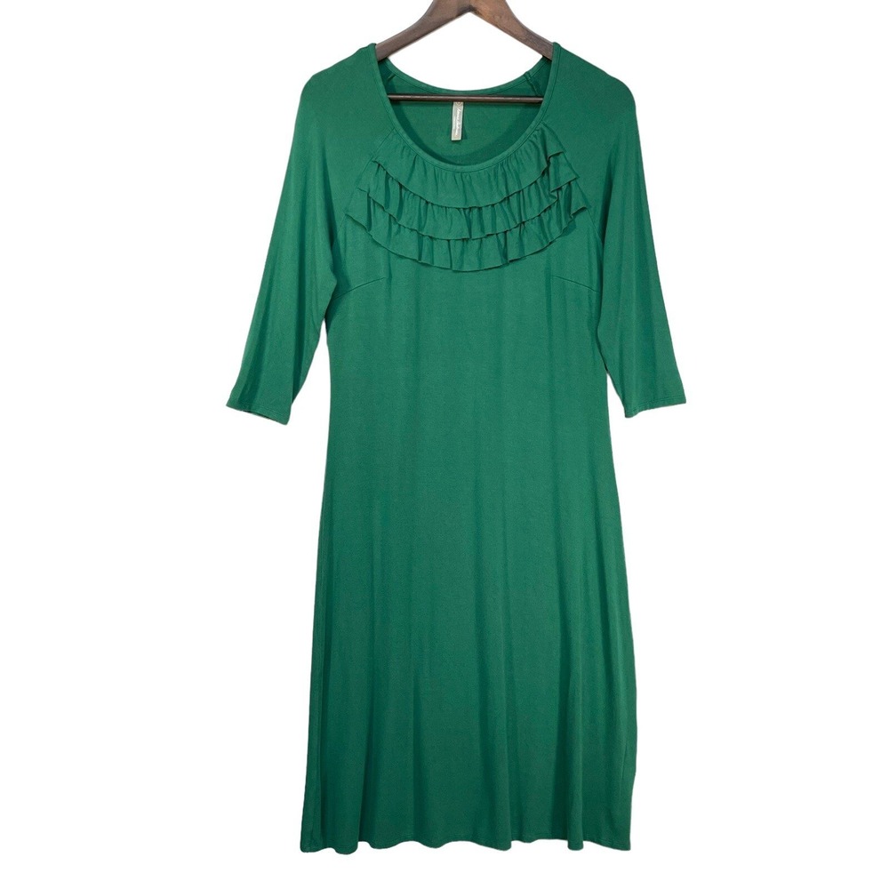 Hanna Andersson Dress Womens Small Green Ruffle Neck 3/4 Sleeve A-Line Excellent